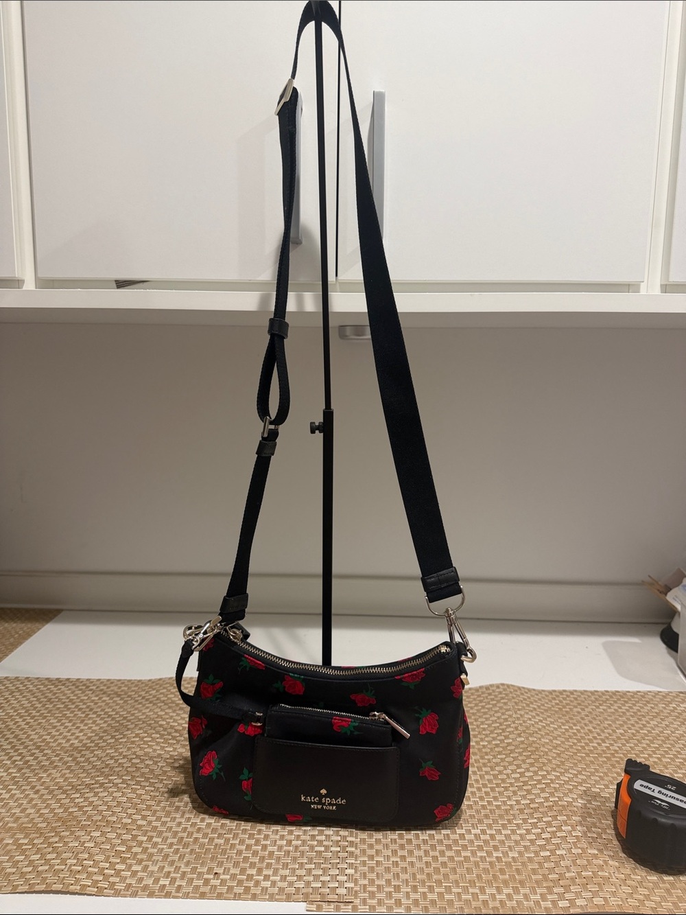 kate spade Black Crossbody Bag with Red Rose Print